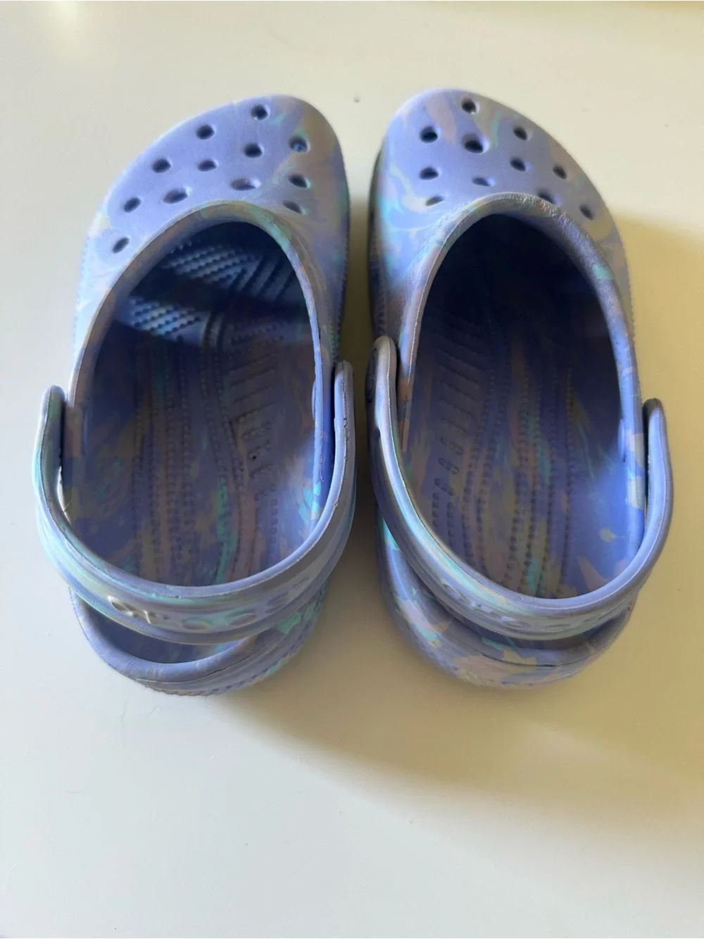 CROCS Kids size 1 Blueish Purple Swirl Foam Clogs